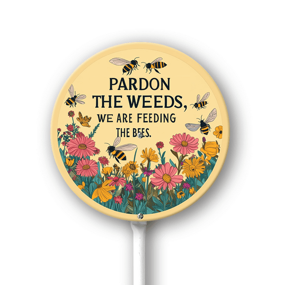 Eveokoki Round (9.2X9.2) IN Pardon The Weeds We Are Feeding The Bees Metal Signs With Stakes Aluminium No Mow Yard Sign Stand For Garden Lawn Summer Bee Decorations Outdoor