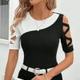 thumbnail image 3 of Fashion Olyvenn Women's Colorblock Criss Cross Cut Out Short Sleeve Round Neck Tee Shirts Hollow Out Streetwear Patchwork Shirts Black M, 3 of 8