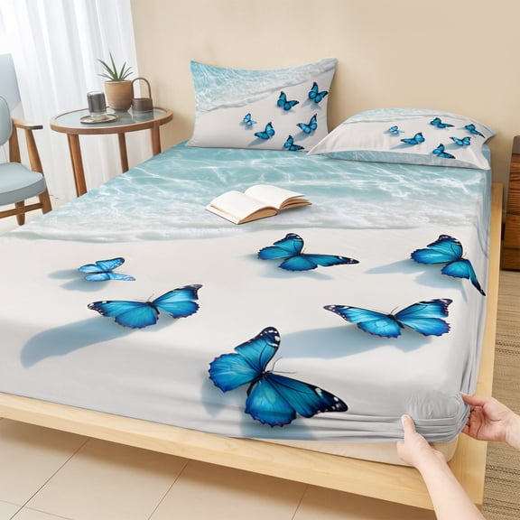 King Size Fitted Sheet Set - Blue Butterfly Coastal 3 Piece Bedding Sets 16" Deep Pocket Fitted Sheet with 2 Pillowcases, Summer Beach Ocean Nautical Brushed Microfiber Hotel Luxury Bed Sheets
