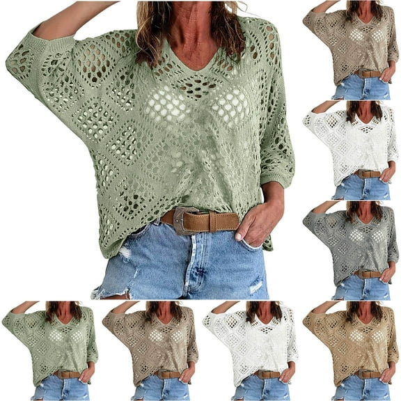 Aboser Womens Crochet Sweaters Boho Hollow Out Beach Cover Ups Lightweight V Neck Pullover Tops Loose 3/4 Sleeve Knit Sweater Soft Casual Jumpers Beige M