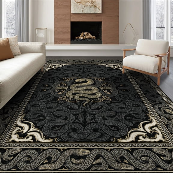 ODIKA 8'x10' Washable Area Rug Non-Slip Chair-Friendly Mat Snake Coiled Serpent Academia Scroll Border Goth Gothic Vintage Refined for Dining Room, Large Office, Lounge