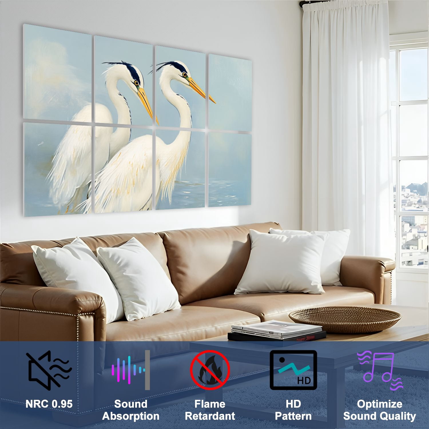 8 Pack Art Acoustic Panels Sound Absorbing Elegant Pair White Herons Blue Decorative Soundproof Wall Panels Self Adhesive for Nursery Game Room Bedroom 48"x32"