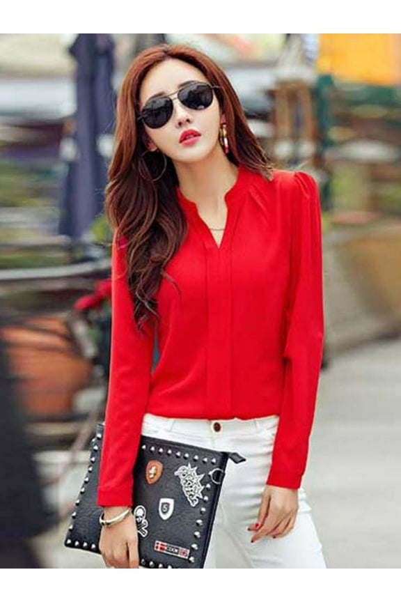 Long Sleeve Shirt Women Autumn Clothing Fashion Slim Chiffon Blouse V Neck Korean Elegant Ladies Office Shirts White Red DF2324