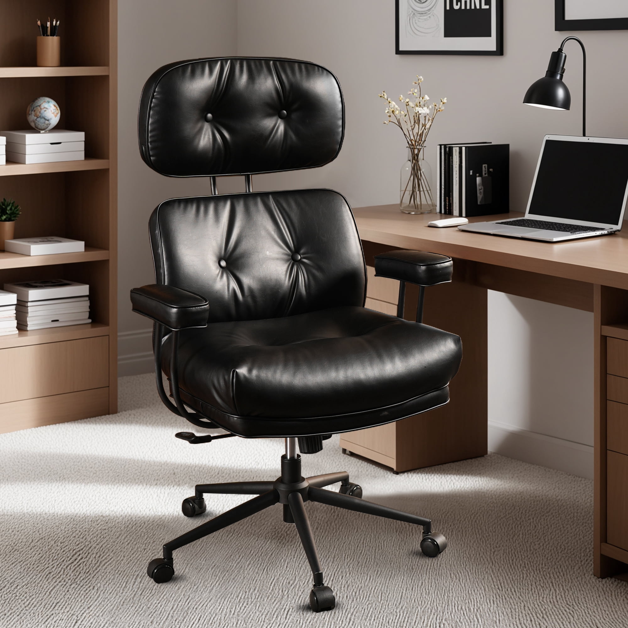 Ovios PU Leather Office Chair High Back Ergonomic Desk Chair with Lumbar Support Mid-Century Executive Computer Chair with Wheels for Home Office, Black