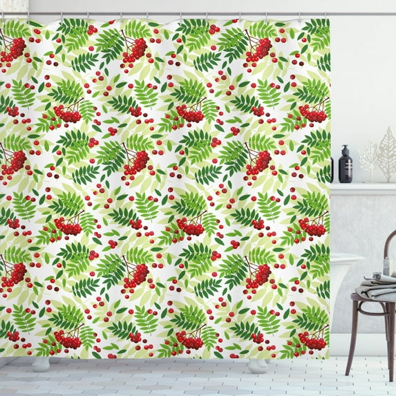 Ambesonne Rowan Shower Curtain, Green Leaves Wild Fruits, 69"Wx84"L, Apple Green Fern Green