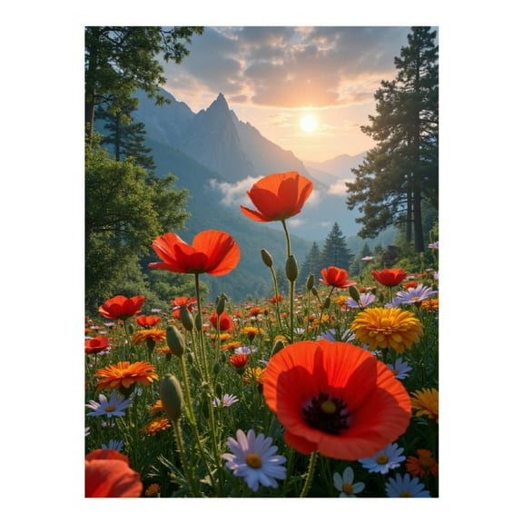 Diamond Art Kit for Adults, Mountain Flower Sunrise Scene Diamond Painting for Adults Beginners, DIY Diamond Art Painting Kits, 5D Diamond Painting Crafts for Home Decor 12x16 Frameless