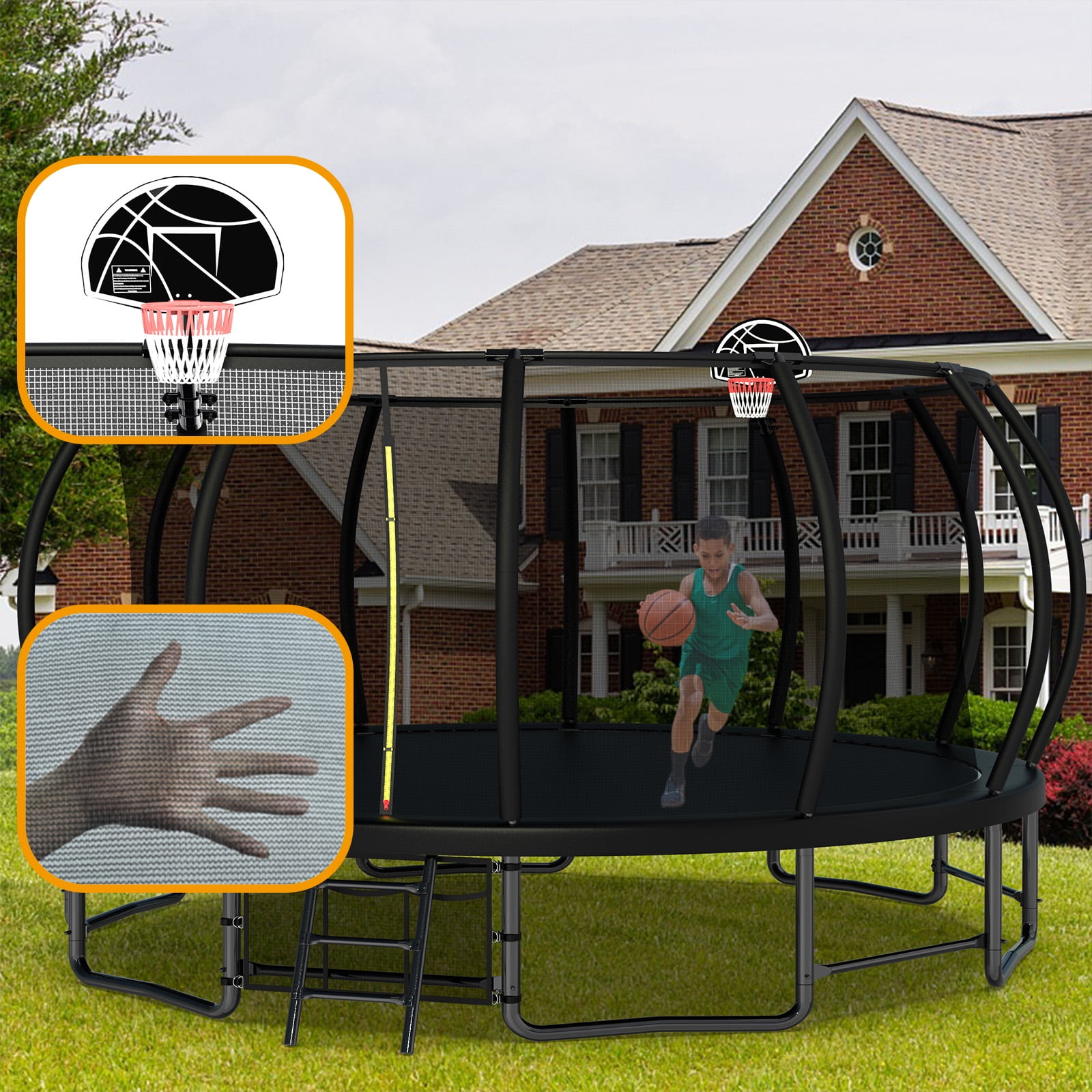EUROCO Outdoor Trampoline with Basketball Hoop & Three-Step Stairs, 10FT 12FT 14FT 15FT 16FT Trampoline for Adults and Kids