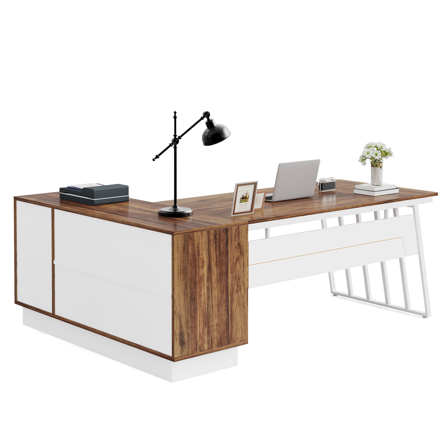 Fnova 71" L-Shaped Executive Desk with Storage Drawers and Open Shelves, Industrial Office Desk Writing Desk with File Cabinet, Spacious Corner Computer Desk for Home Office