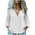 thumbnail image 2 of Endives Cotton Linen Shirts For Women V Neck Long Sleeve T Shirt Tee Casual Thin Breathable Blouses Summer Vacation Tops White, 2 of 7