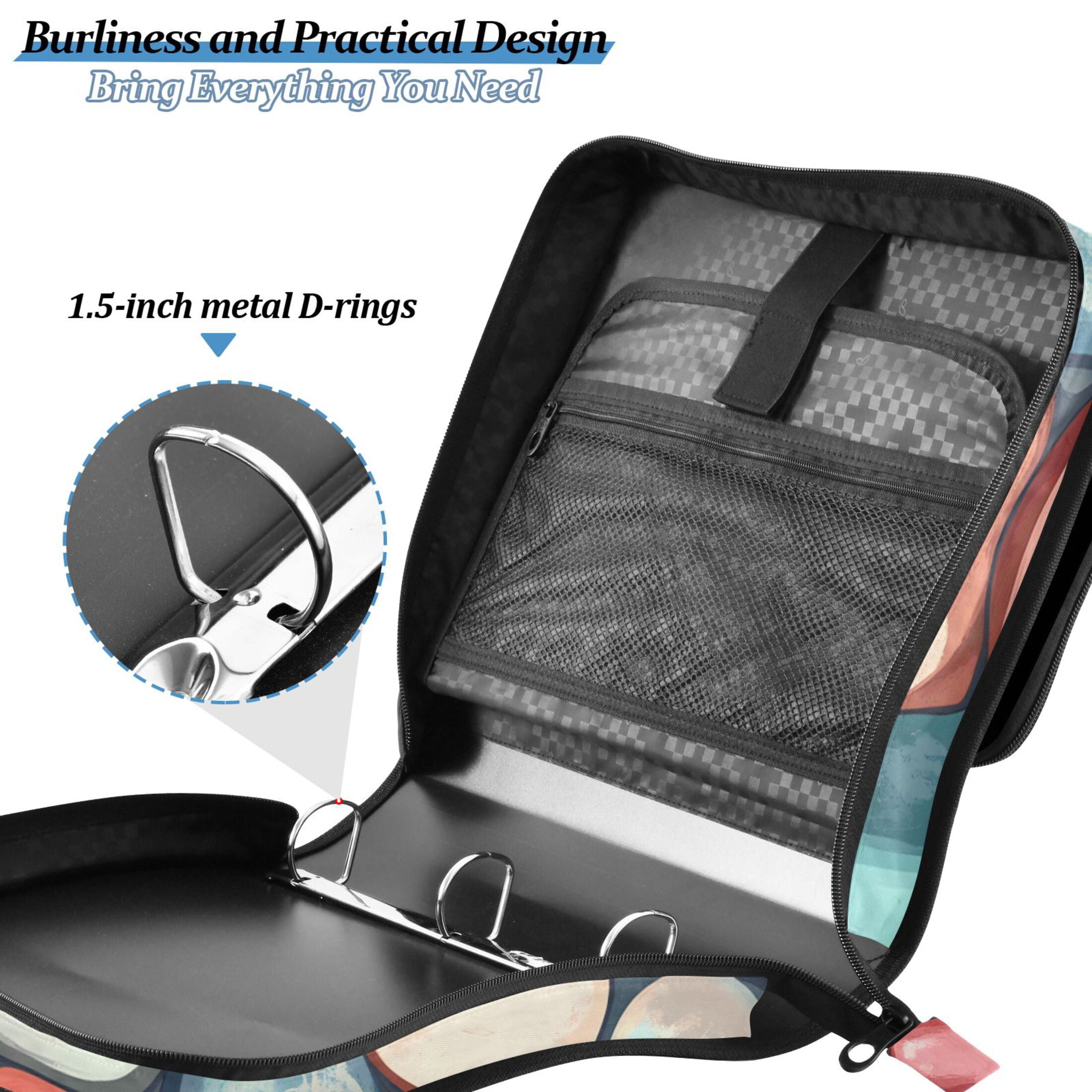 3 Ring Zipper Binder with Shoulder Strap Waterproof Trapper Keeper 2 Inch D-Ring 500 Sheets Capacity Colorful Small Stones