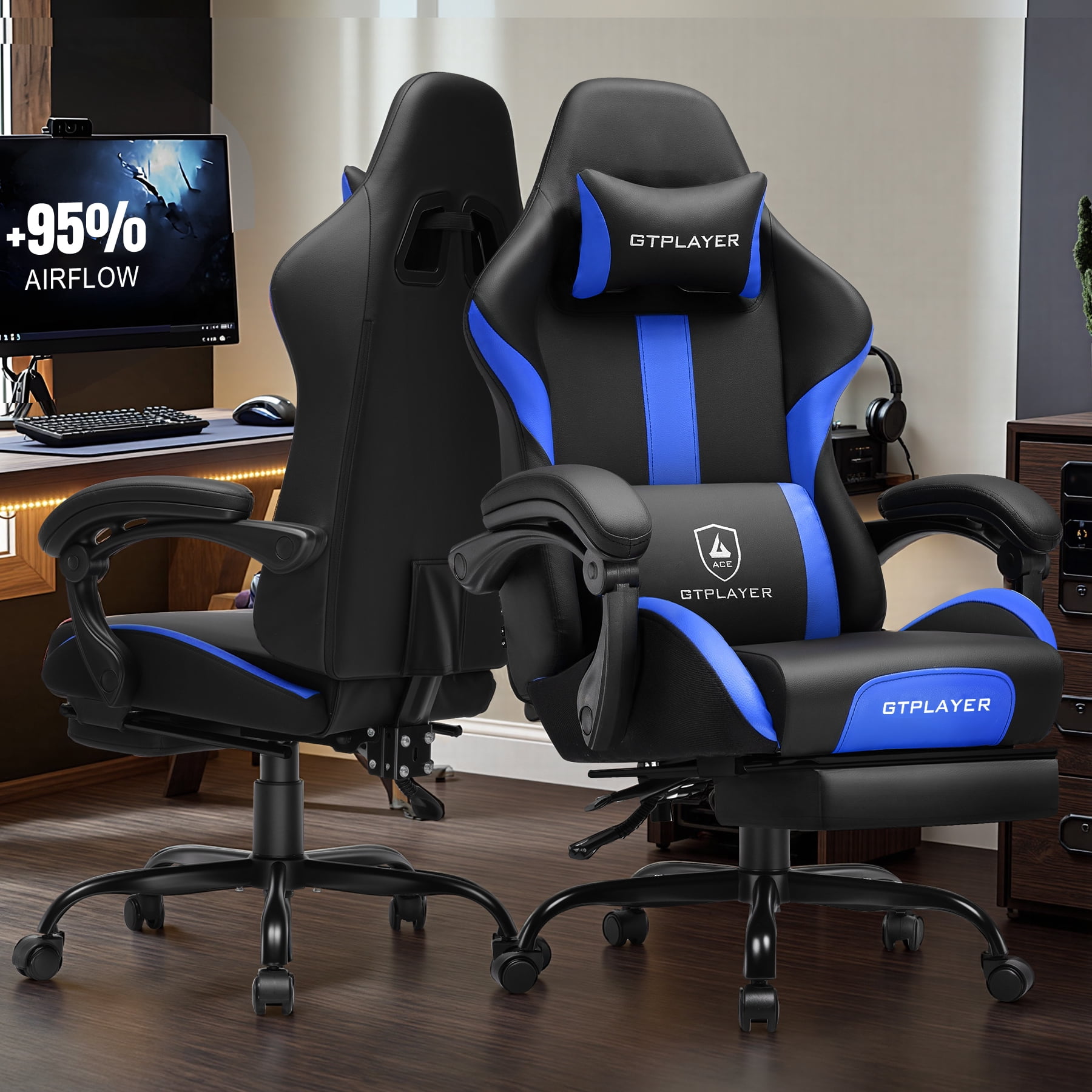 GTPLAYER Ergonomic Gaming Chair with Footrest and Lumber Support for Adults, Blue