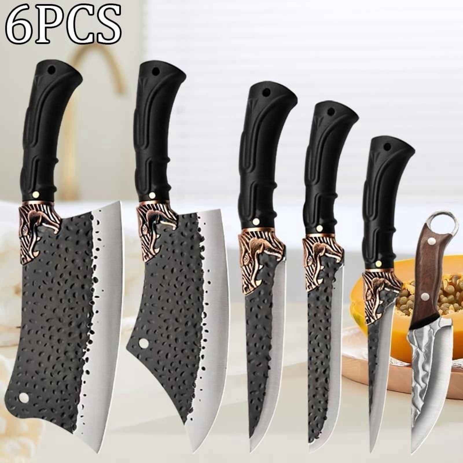 6PCS Stainless Steel Professional Kitchen Chef Knife Set Forged Handmade Meat Cleaver Butcher Knife Camping Knife Boning Utility Fish Vegetable Cutting Knife for Kitchen Convenience