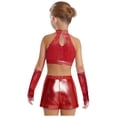 thumbnail image 2 of inlzdz Kids Girls Jazz Latin Dance Outfits Sequin Halter Crop Tops with Shorts Tassel Gloves Dancewear Red 10, 2 of 7