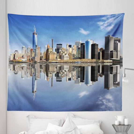 New York Tapestry, Manhattan Island Silhouette with Skyscrapers Towers Famous Island, Fabric Wall Hanging Decor for Bedroom Living Room Dorm, 5 Sizes, Multicolor, by Ambesonne