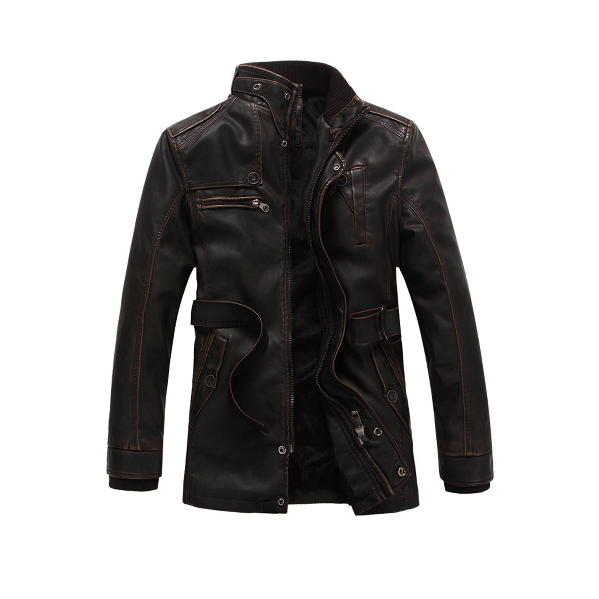 Men Stylish Zipper Button Closure Leather Jacket - Walmart.com ...