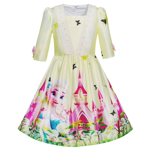 Sunny Fashion Girls Dress Princess Elsa Castle Butterfly 3/4 Sleeve Dress Size 4-12