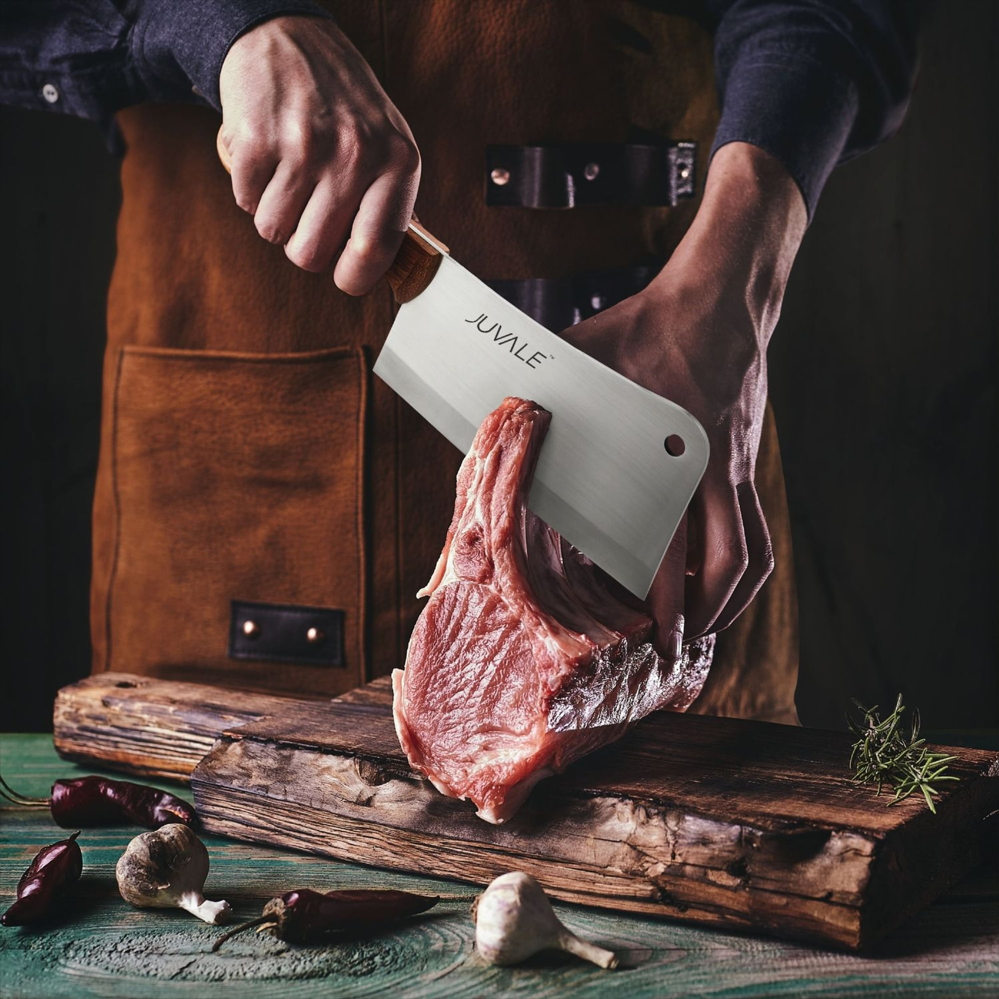 Meat Cleaver Bone Chopper for Chef, Meat Cutting - Heavy Duty Butcher Knife with Wooden Handle for Kitchen (8 Inch)