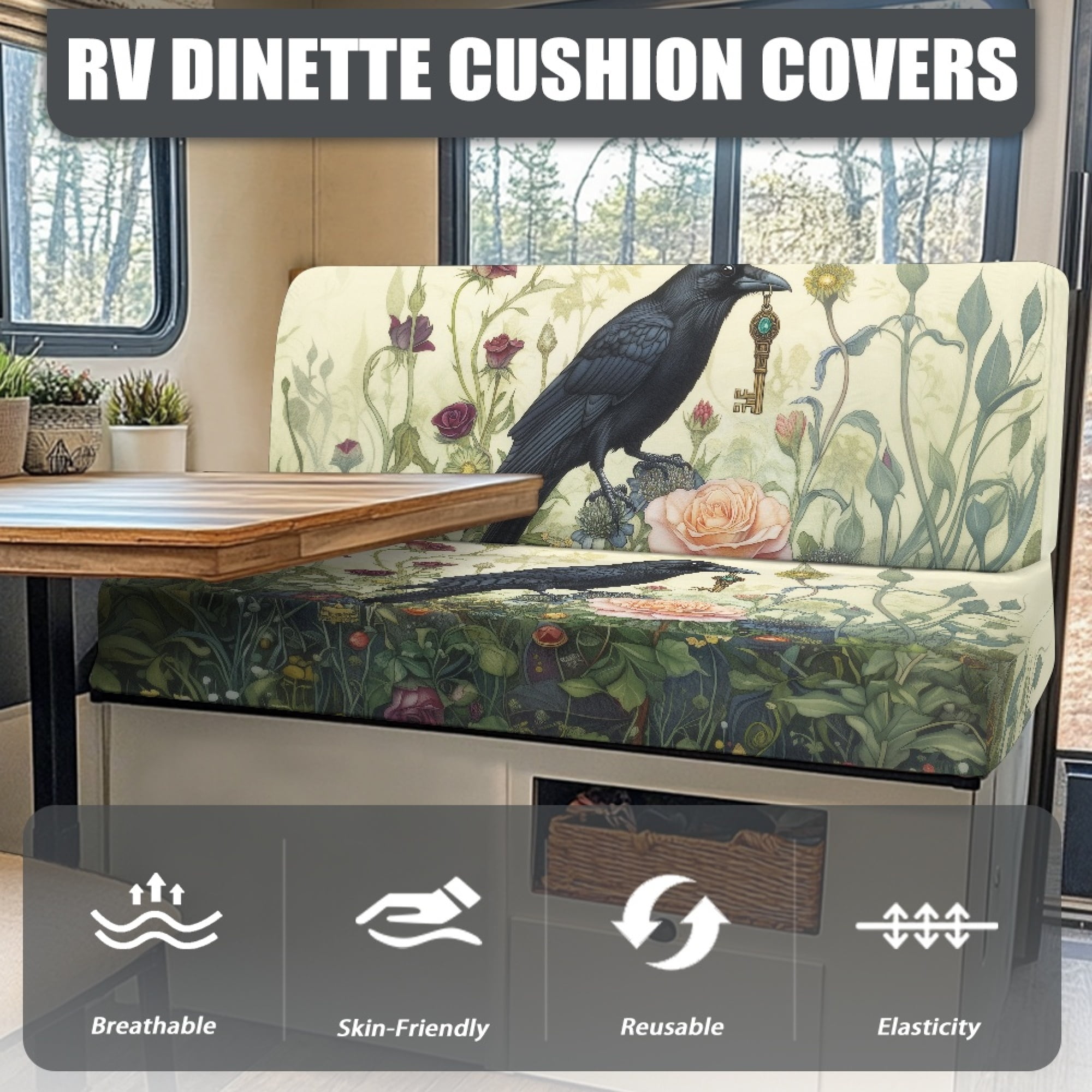 FOR U DESIGNS Raven Rose Leaf Print 2 Pcs RV Dinette Cushion Covers Scratch-resistant Camper Cushion Slipcover Stretch Sofa Furniture Protector Include1 Backrest Covers and 1 Bench Covers