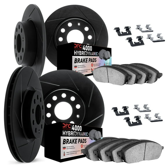 Dynamic Friction Company Front and Rear Brake Rotors Kit Slotted Black | 4000 HybriDynamic Brake Pads includes Hardware 3814-13028
