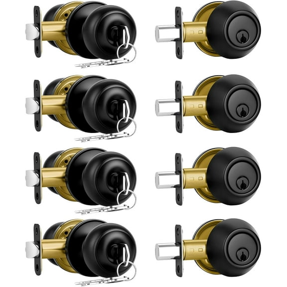 4 Pack Front Door Lock Set,Matte Black Exterior Door Lock Set with Deadbolt,Single Cylinder Deadbolt Lock and Door Knob Set,Keyed Alike Door Knob with Lock&Keys,Round Ball Entry Door Lockset