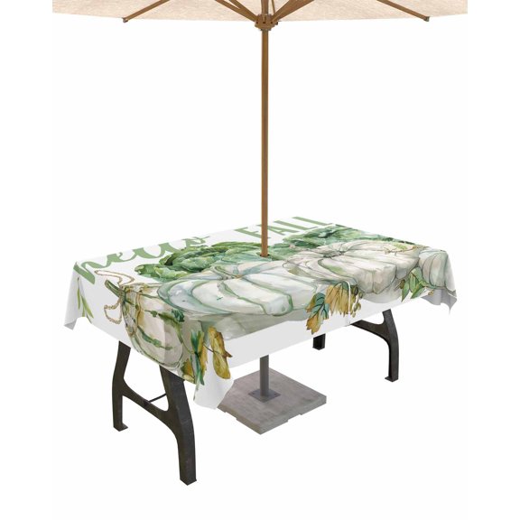 Boanket Outdoor Tablecloth with Umbrella Hole for Patio/Picnic/Party/Camping, Green Pumpkins Hello Fall Waterproof Table Cloth Rectangle Table Cover Washable, Thanksgiving Maple Leaf (60"x 102")