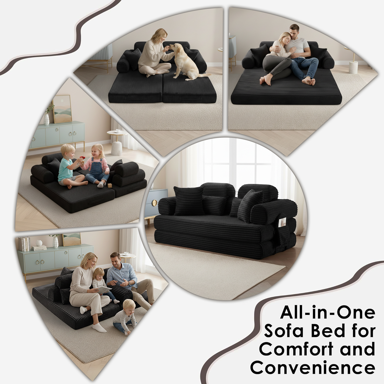 Xiweot Cloud Sectional Couch for Living Room, Memory Foam Sectional Sofa with Deep Seat, Corduroy Floor Mattress Couch, No Assembly Required (Black)