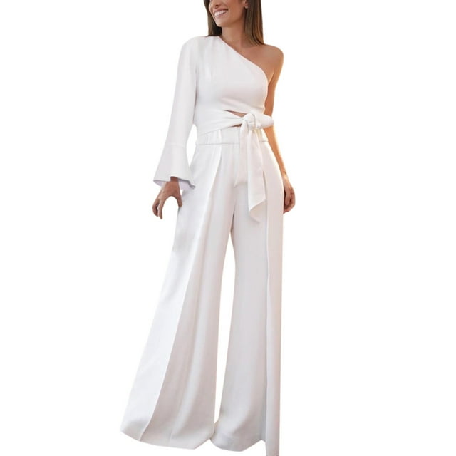 Fridja Womens Sleeveless One Shoulder Top Casual Boho Long Wide Leg Two-Piece Outfit