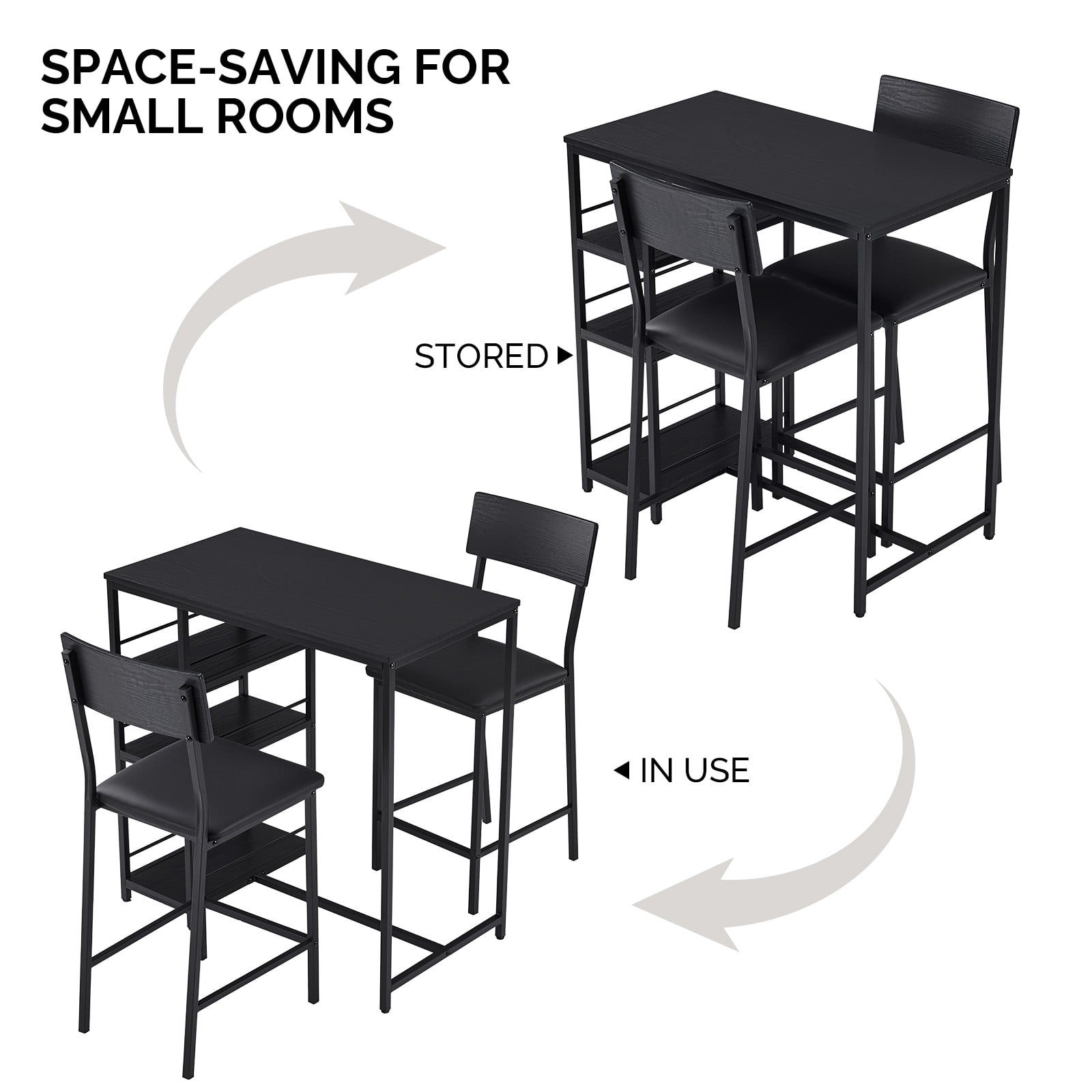 Ktaxon 3 Pieces Dining Table Set for 2, Counter Height Bar Table Set with Storage Shelves, Pub Table and Padded Chairs for Dining Room, Kitchen, Modern Black