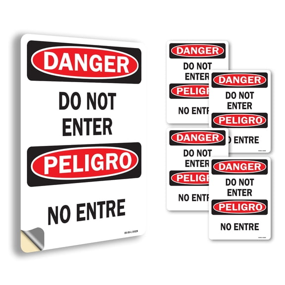 Do Not Enter Bilingual OSHA Danger Vinyl Decal Label 5 Inch x 3.5 Inch - 5 Pack