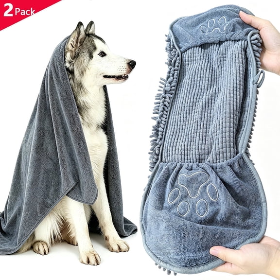 Dog Towels for Drying Dogs, Super Absorbent Chenille Microfiber Pet Grooming Towel for Dogs, Cats and Other Pets(2-Pack Gray)