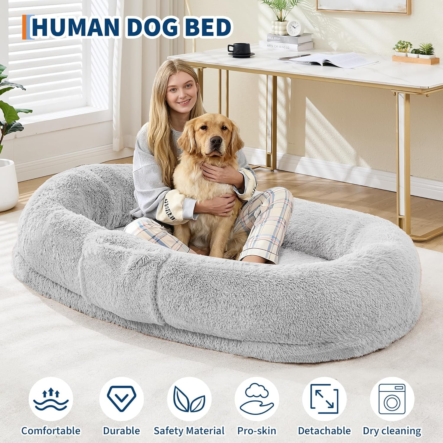 Rugerasy 65 Inch Large Gaint Shared Bed for People Pets,Human Dog Bed for Adult,Washable Faux Fur Removable Nap Bed Bean Bag with Handle Side Pocket,Light Gray