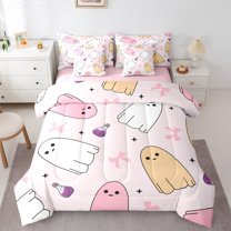 Manfei Cute Cartoon Ghost 7 Pieces Bedding Comforter Set,Pink Bowtie Bow Full Bedding Set,Happy Halloween Fitted Sheet Flat Sheet For Girl Kids,Luxury Bedroom Decor Reversible