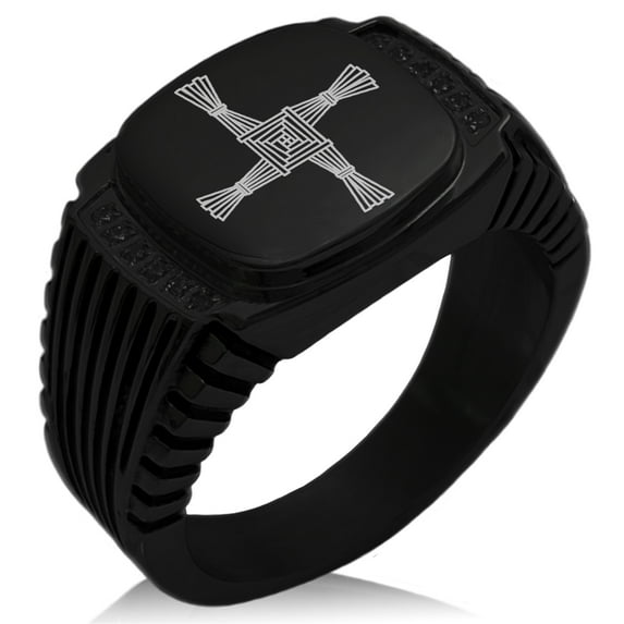 Stainless Steel Celtic Saint Brigid Cross CZ Ribbed Needle Stripe Pattern Biker Style Polished Ring