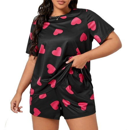 

Casual All Over Print Round Neck Short Sets Short Sleeve Black Plus Size Pajama Sets (Women s Plus)