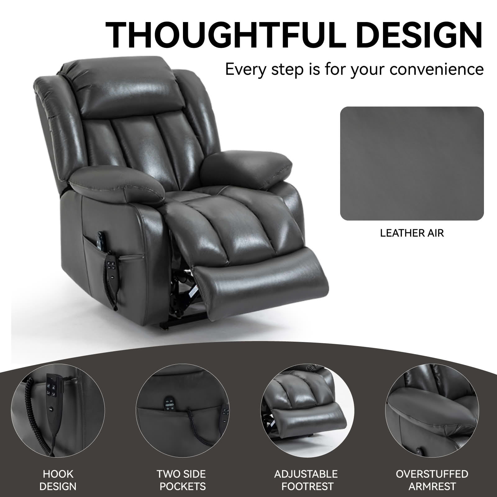 MAYEERTY Grey Dual Motor Power Lift Recliner, 350lbs 8-Point Massage Heat 180° 36"x40"x43" for Elderly