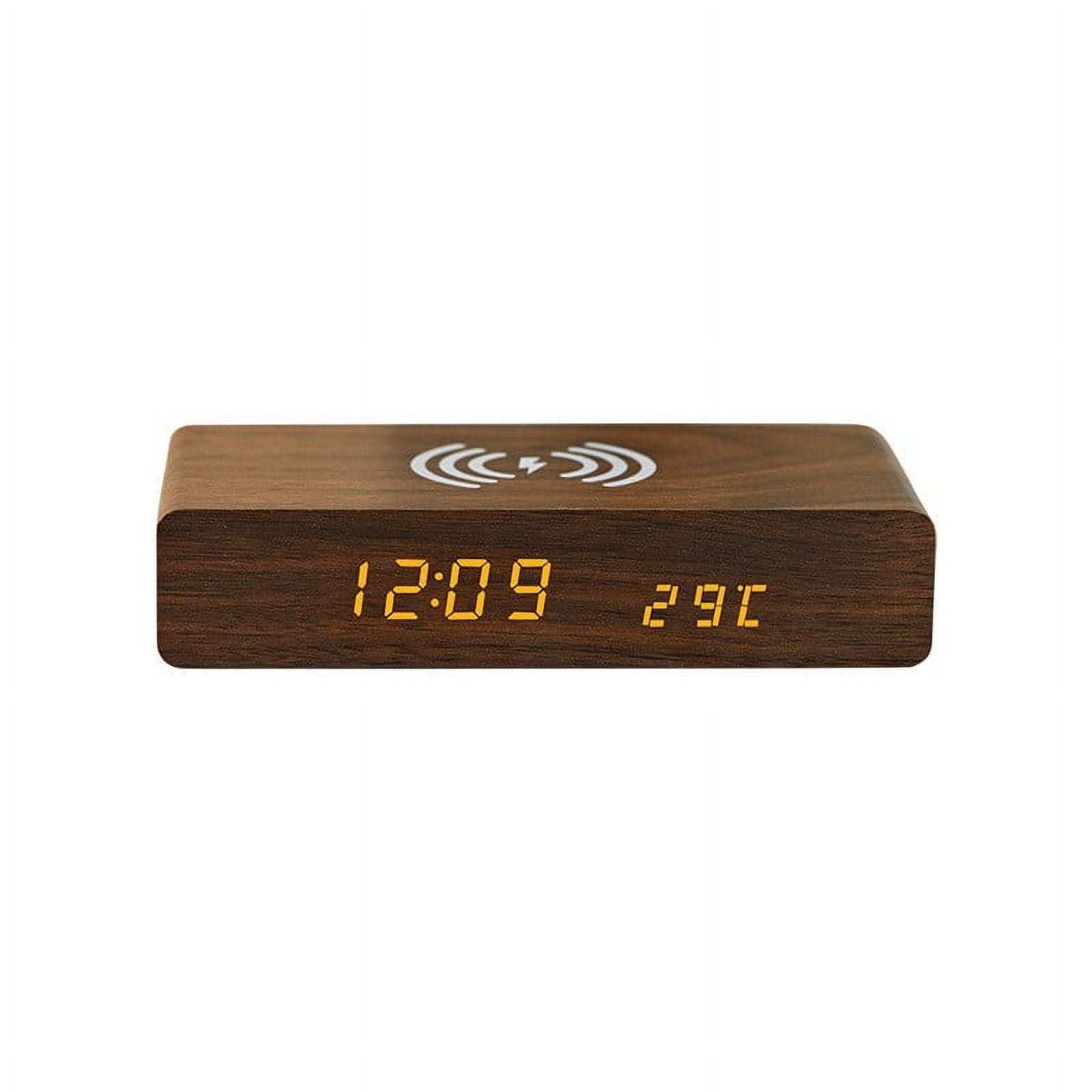 Honeeladyy Wooden Digital Alarm Clock, Fast Wireless Charger Station & Three Alarm Settings, with Adjustable Brightness, Memory Function, Weekday/Weekend Mode, Wood LED Clock for Bedroom, Office