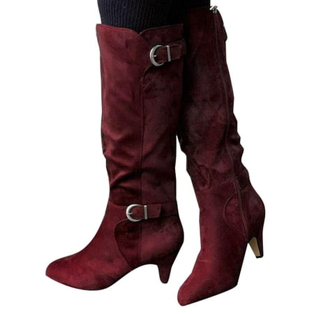 

Colisha Ladies Faux Suede Kitten Heel Heels Dress Non Slip Heeled Boots Business Side Zip Knee High Boot Wine Red 7.5