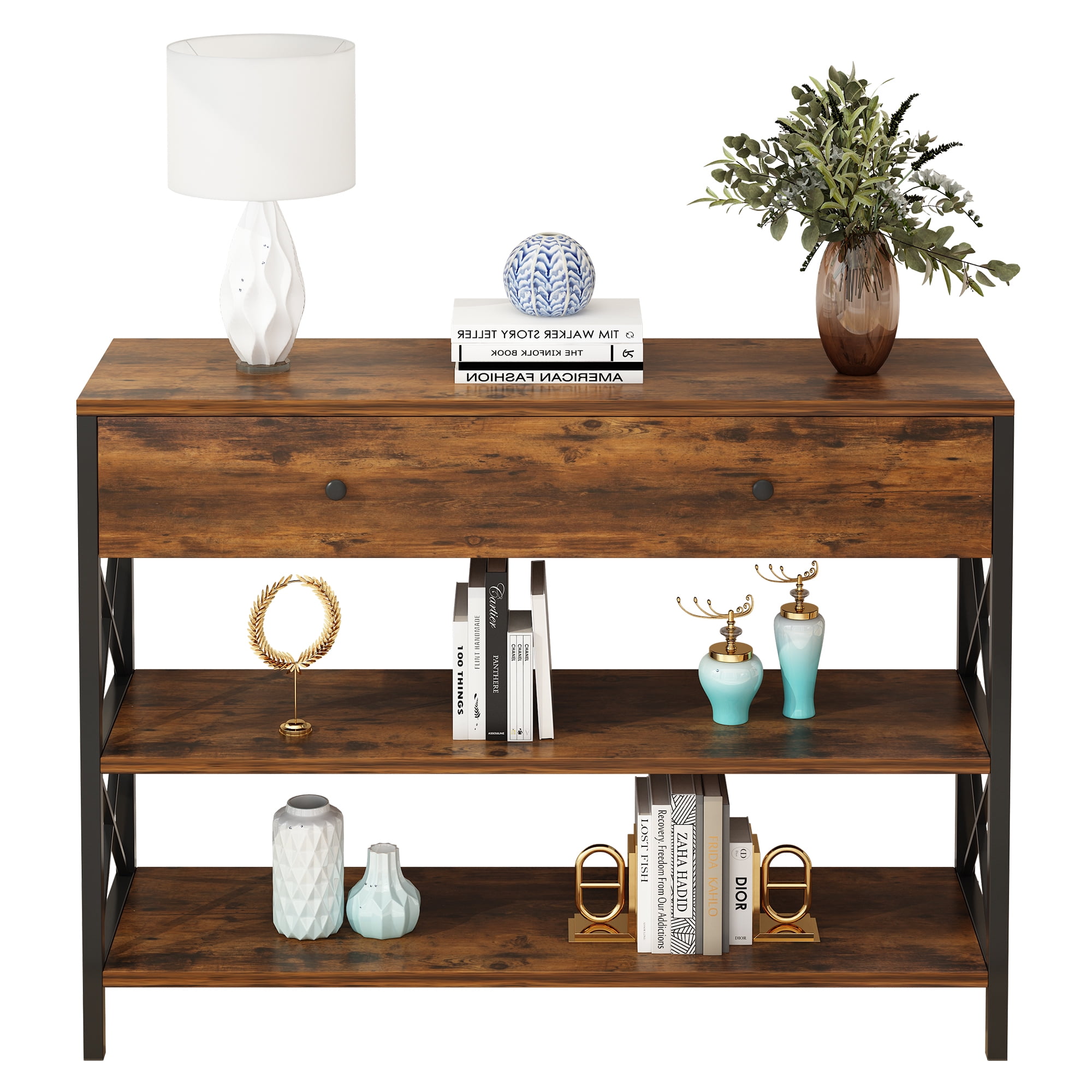 Ktaxon 39.4''L Console Table Sofa Table with Large Drawer and 2 Storage Shelves, Farmhouse Entryway Table for Living Room Hallway Bedroom, Rustic Brown