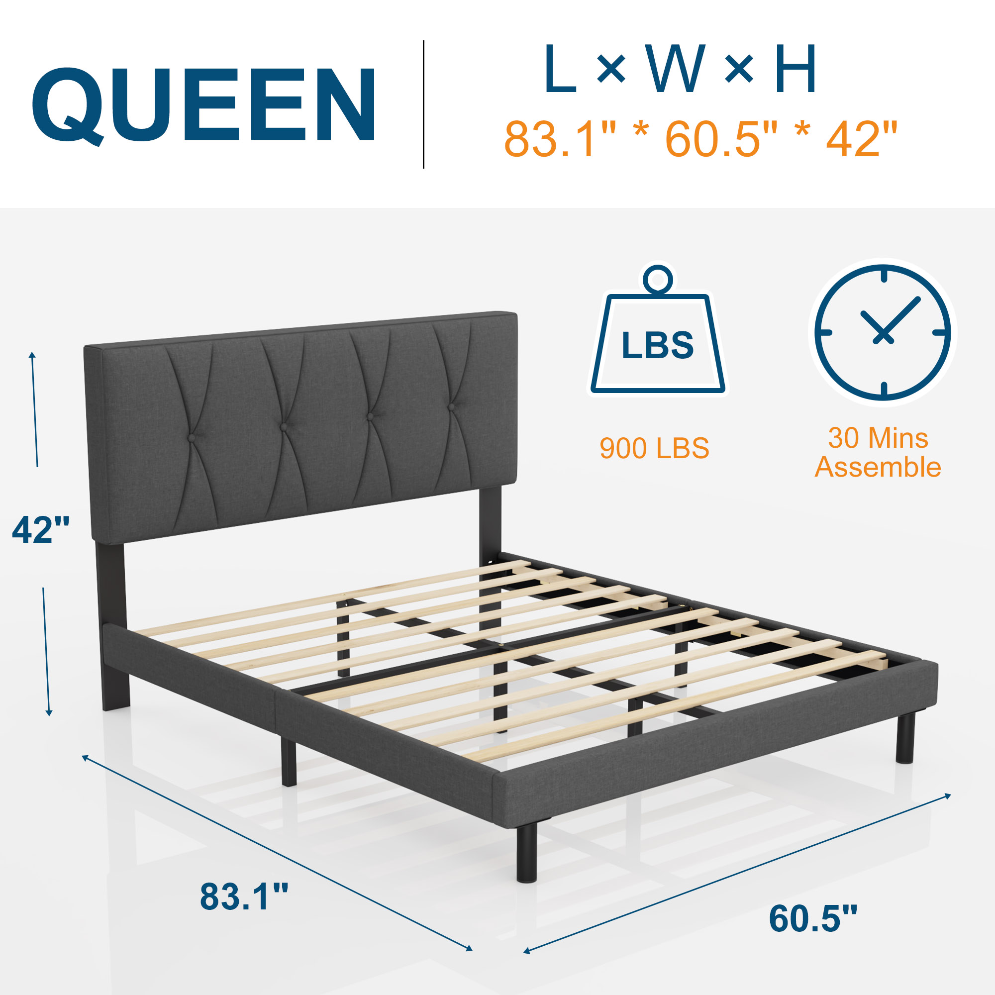 Queen Bed Frame, HAIIDE Queen Size Platform Bed With Fabric Upholstered Headboard, Dark Grey - image 3 of 7