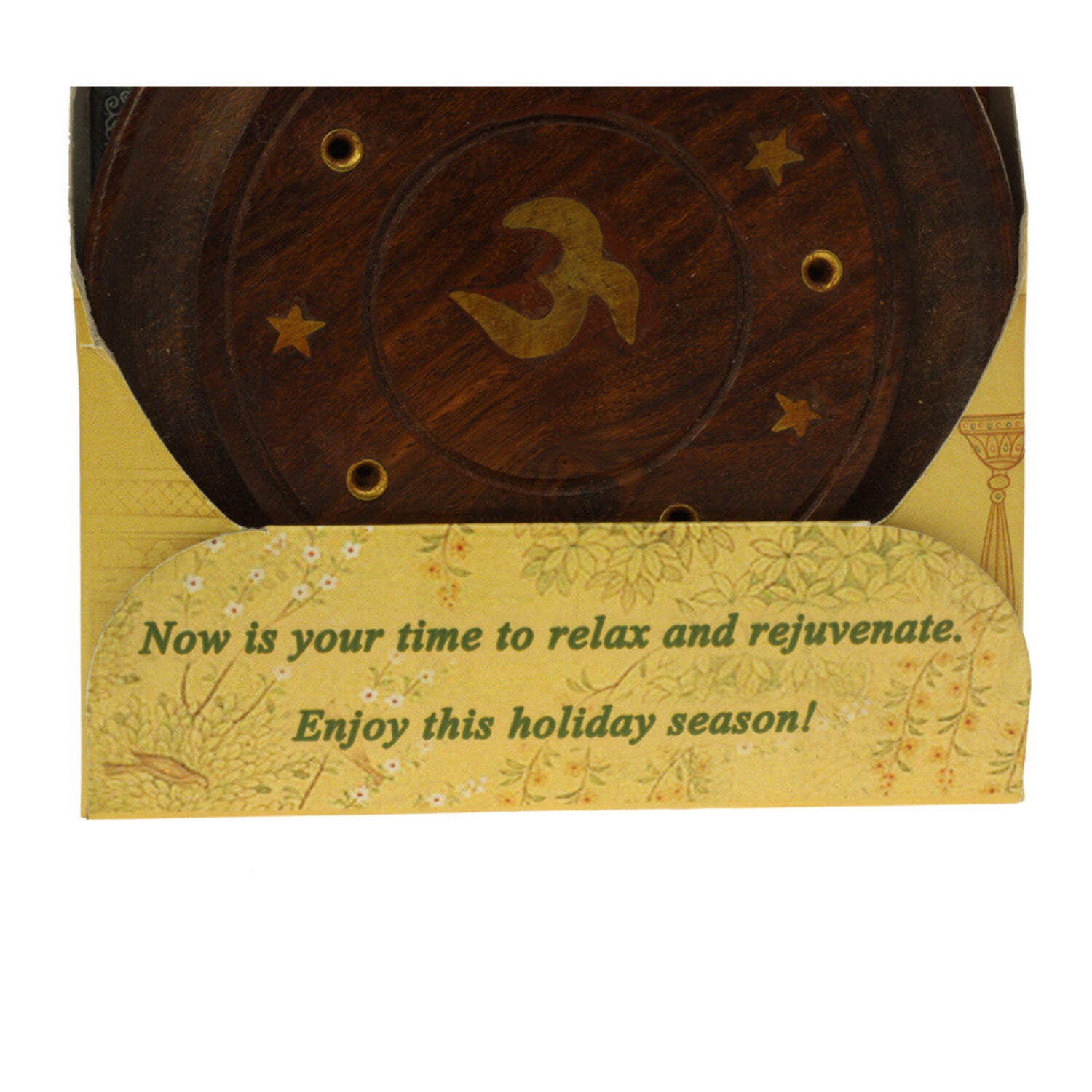 Incense Gift Set - Wood Round Burner + 3 Harmony Incense Sticks  Holiday Greeting (Madhumadhavi, Sehuti, Padmanjari)