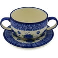 thumbnail image 1 of Polish Pottery 18 oz Bouillon Cup with Saucer (Bleu-belle Fleur Theme) Hand Painted in Boleslawiec, Poland + Certificate of Authenticity, 1 of 6