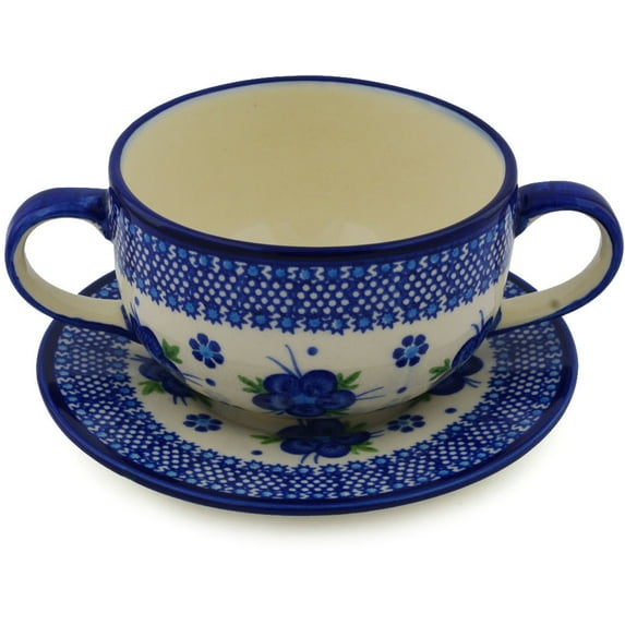 Polish Pottery 18 oz Bouillon Cup with Saucer (Bleu-belle Fleur Theme) Hand Painted in Boleslawiec, Poland + Certificate of Authenticity