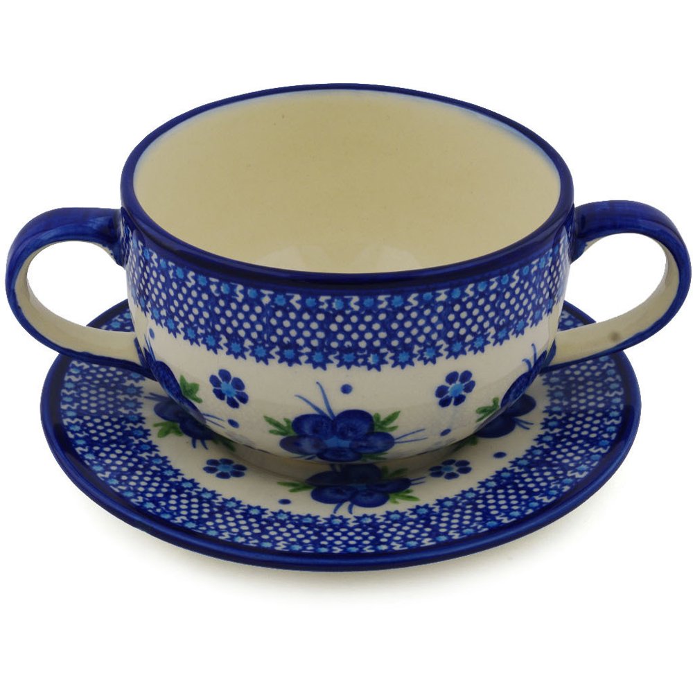 Polish Pottery 18 oz Bouillon Cup with Saucer (Bleubelle Fleur Theme) Hand Painted in