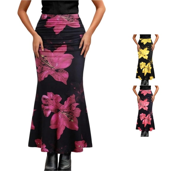 Wxolcjlv Womens Floral Print Maxi Skirt High Waist Street Long Skirts