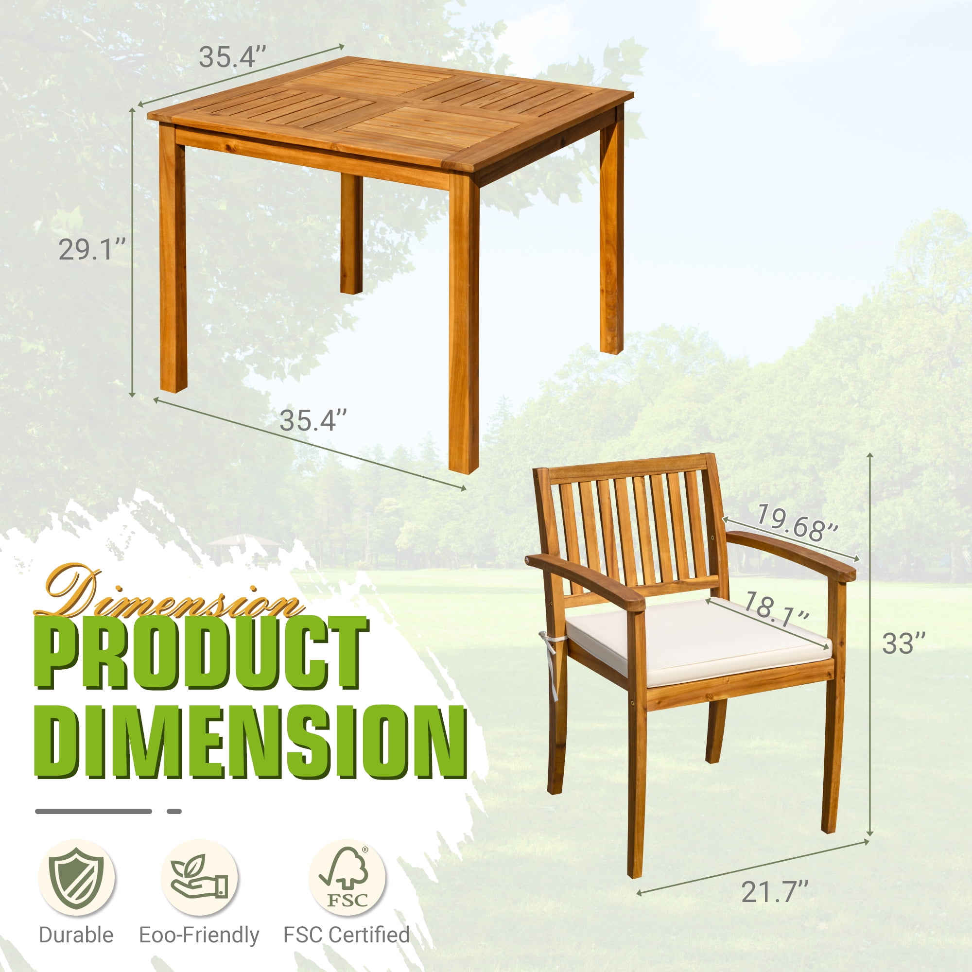 Homall Outdoor Furniture 5 Sets Patio Acacia Wood Table and Chairs with Cushions,Burlywood