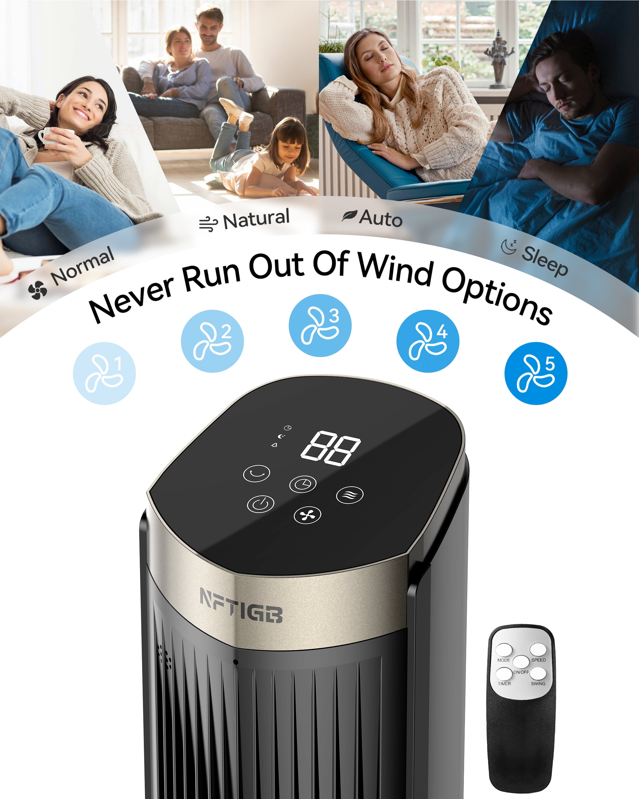 NFTIGB 40 inch Tower Fan for Home, 70° Oscillating Standing Floor Fan with Remote, 5 Speeds 3 Modes with Remote Bladeless Fan, New