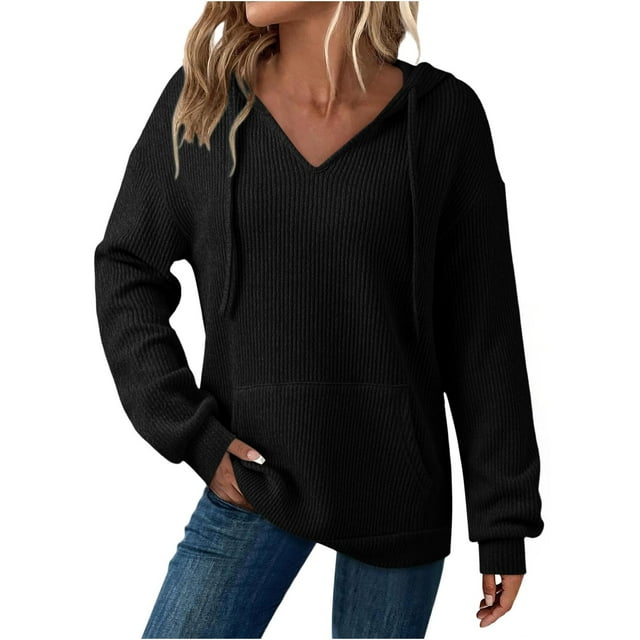 Hoodies for Women Knit Sweaters Tops Lightweight Travel Solid Color Drawstring Hooded Pullover Sweatshirt with Pockets