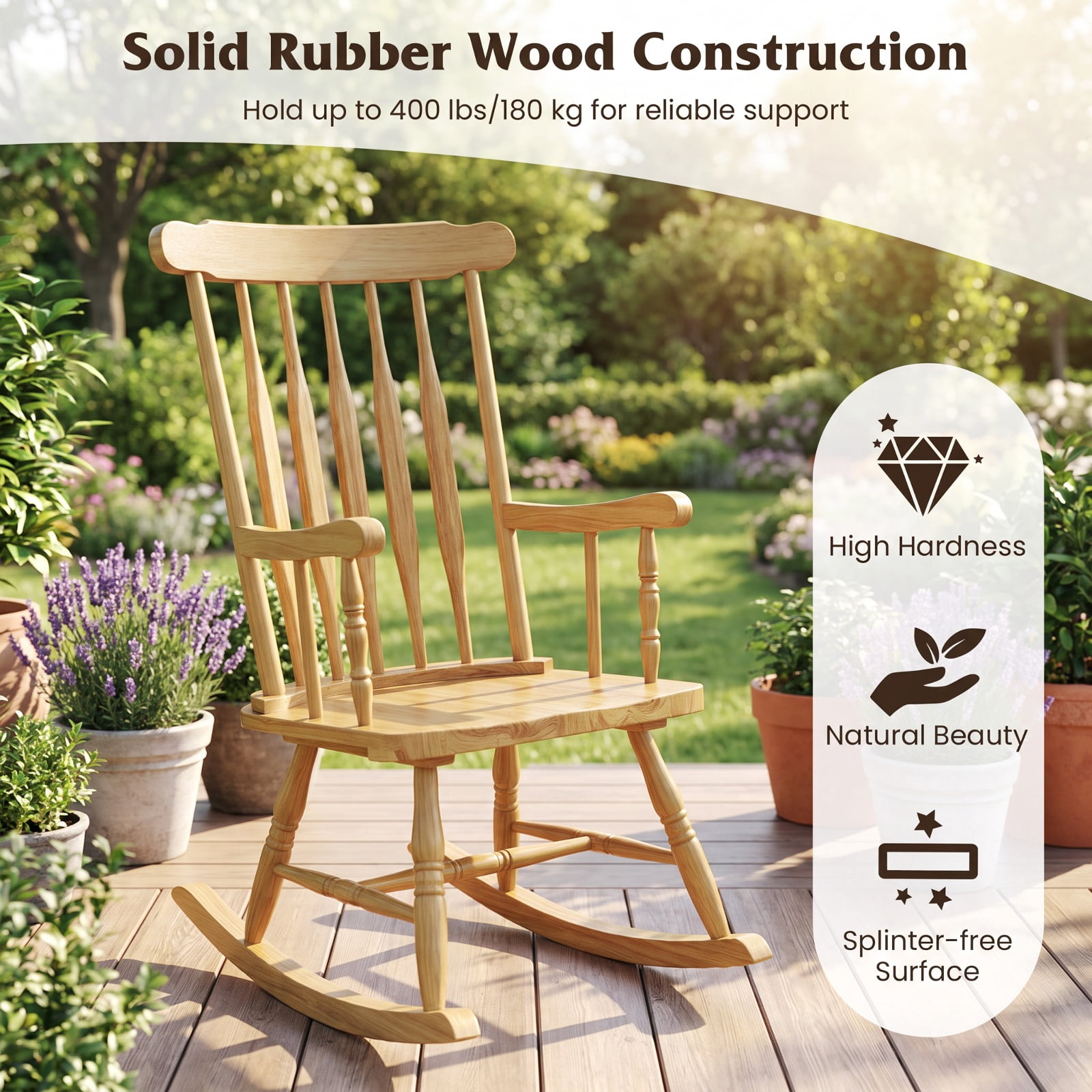 Furnibear Outdoor Rocking Chair Solid Rubber Wood for Outdoor Garden Balcony Natural 300 lbs Capacity
