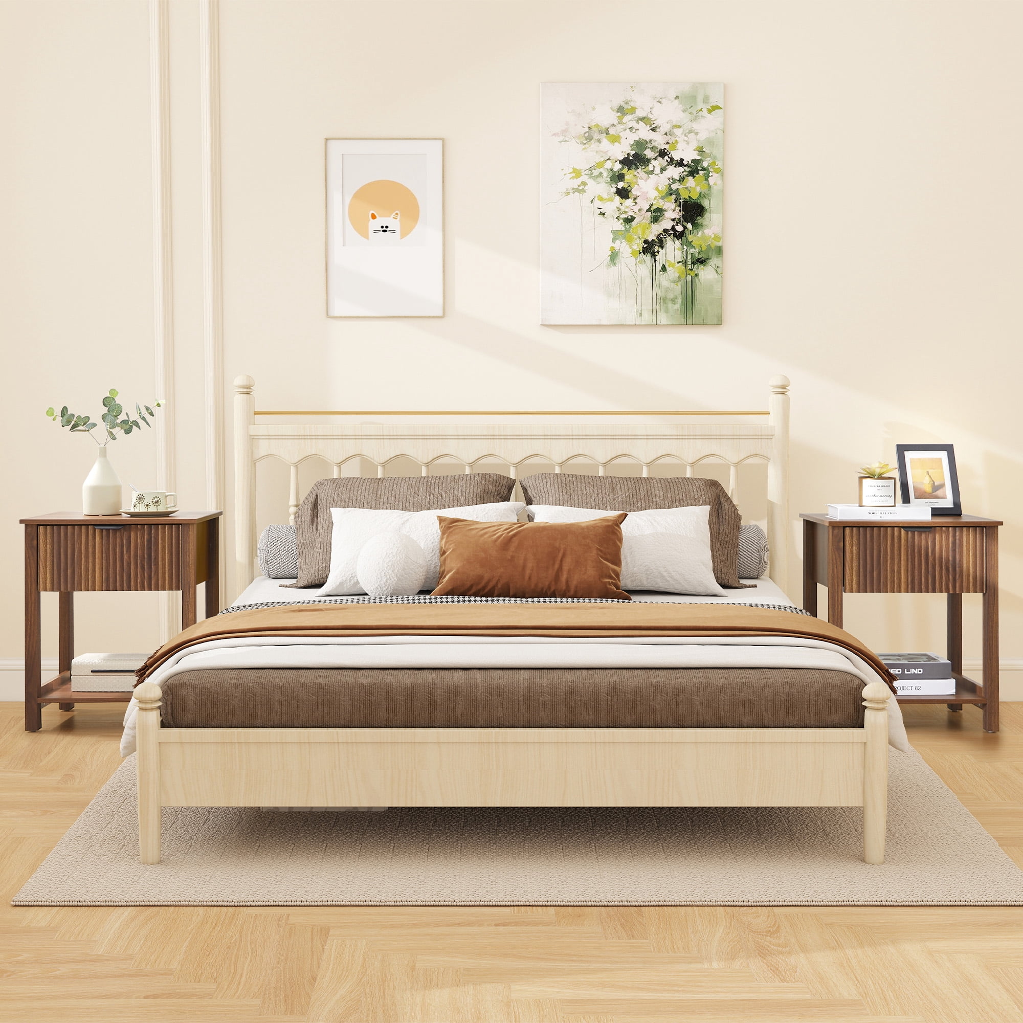 PHOYAL Fluted Nightstand for Bedroom, Wood Bedside Table with Drawers, Walnut