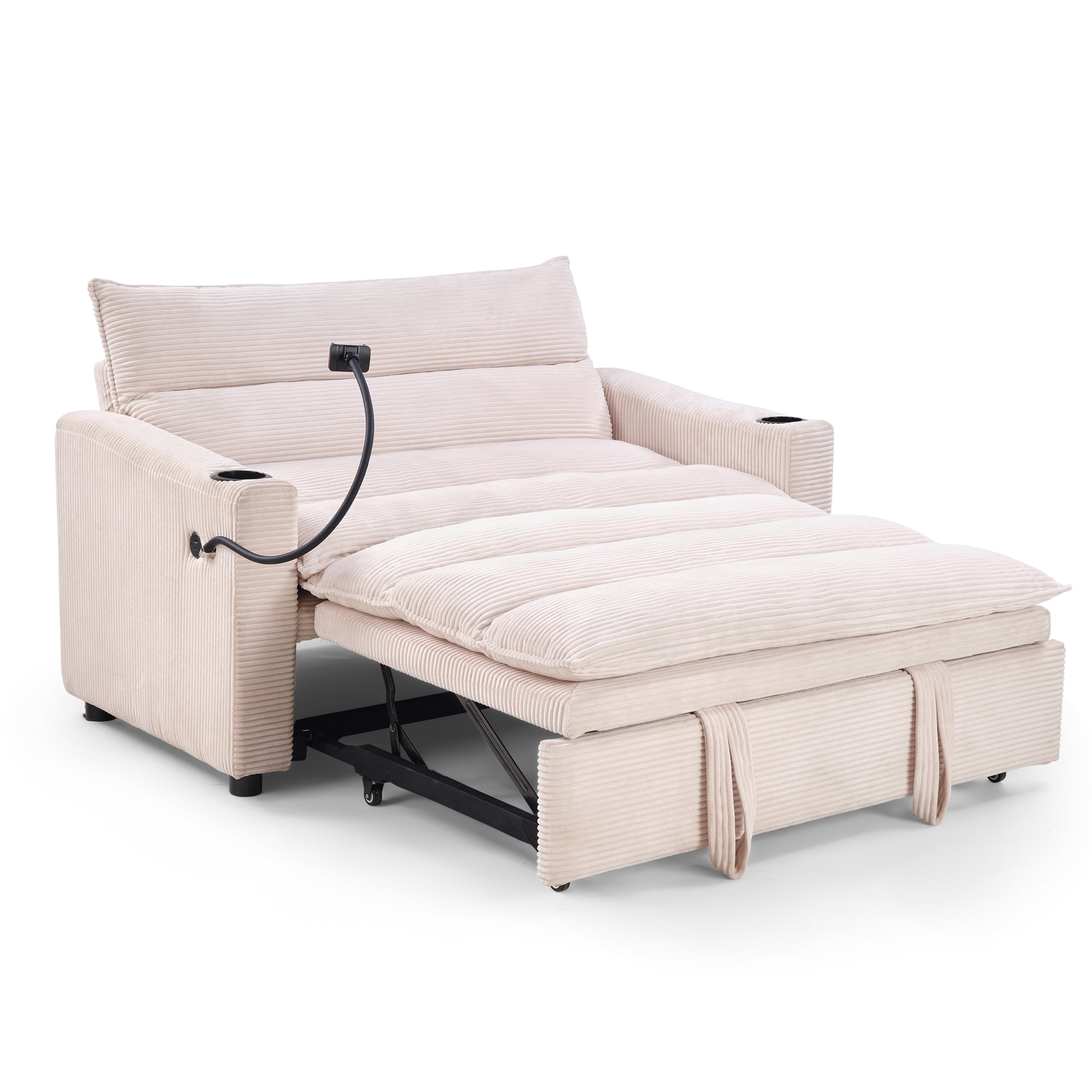 Ebello 3-in-1 Sleeper Sofa Bed, Corduroy Convertible Pullout Futon Couch with Adjustable Backrest, Phone Holders & USB Ports for Apartment, Small Space, 2-Seat(Beige)